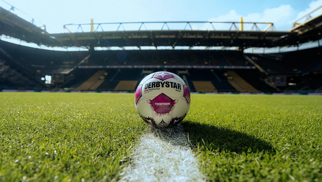 Ein Fußball mit der Aufschrift „DERBYSTAR Bundesliga“ liegt auf der Mittellinie eines Stadions, im Hintergrund sind leere Tribünen zu sehen.